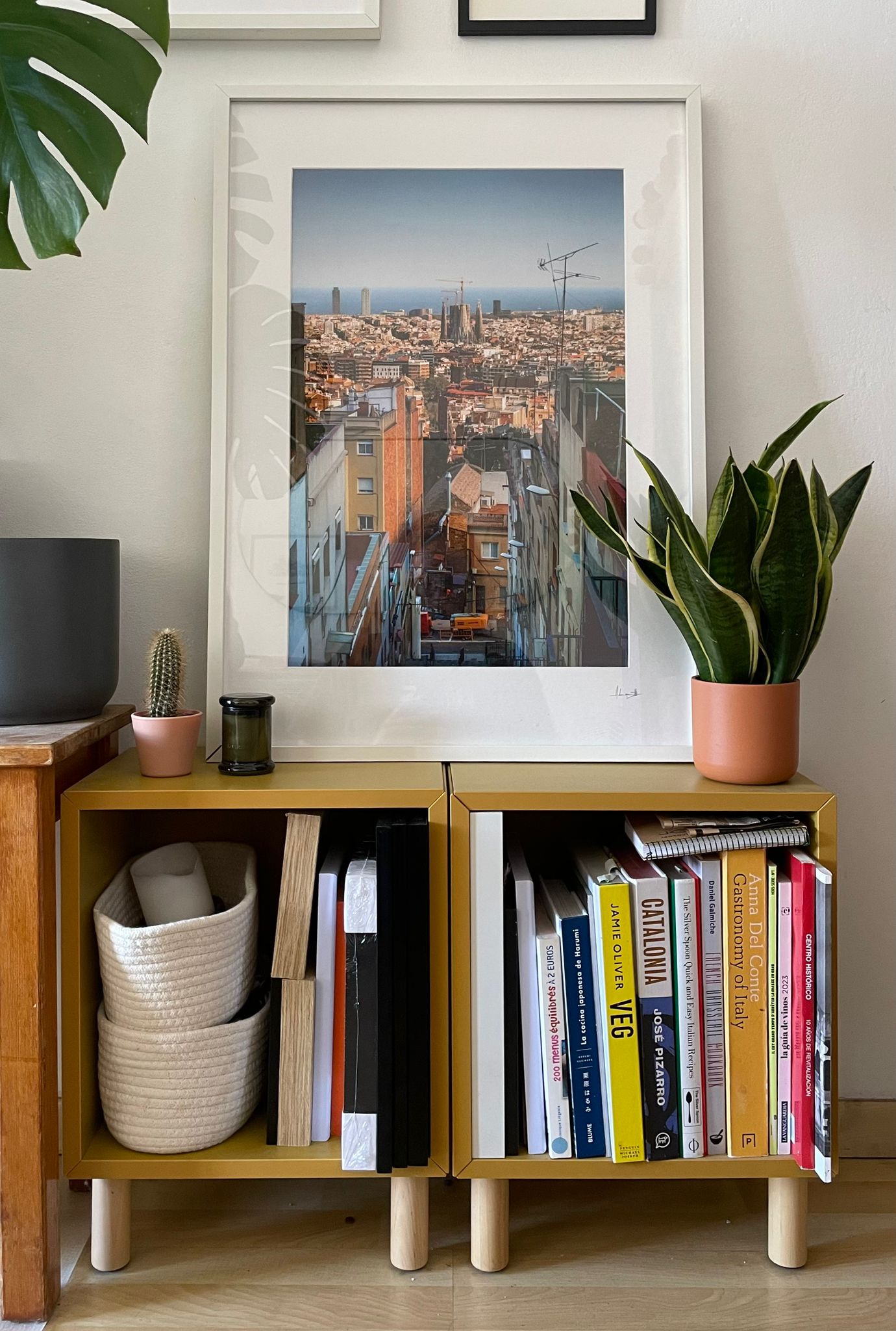 Wooden shelf with books, plants, and a framed cityscape print on a wall.